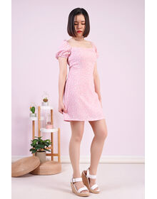 Fine Square Neck Puff Sleeve Leopard Print A Line Dress (Pink)